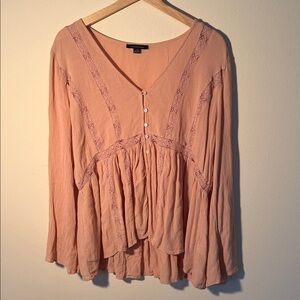 American Eagle Peach Lace-Trim V-Neck Peasant Top Sal